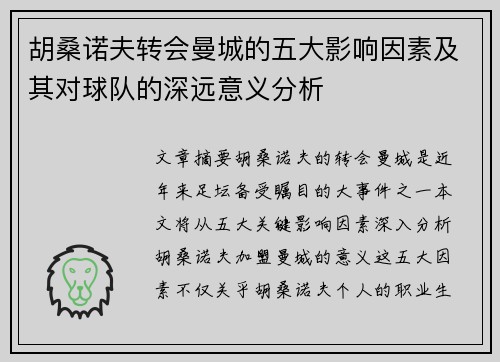 胡桑诺夫转会曼城的五大影响因素及其对球队的深远意义分析