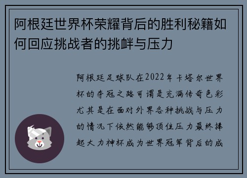 阿根廷世界杯荣耀背后的胜利秘籍如何回应挑战者的挑衅与压力